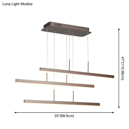 Minimalist bronze acrylic pendant light with three tiered horizontal bars for dining room lighting suspension