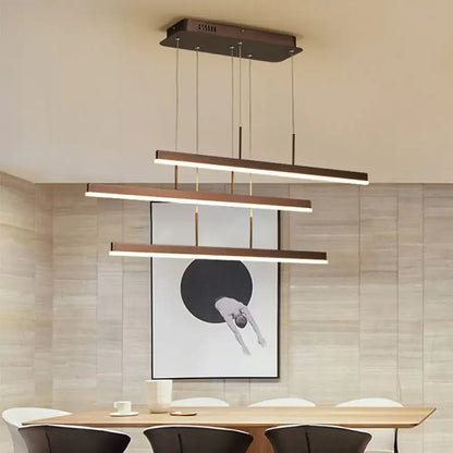 Minimalist bronze acrylic pendant light with three horizontal led bars for dining room illumination
