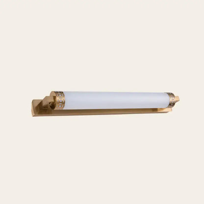 Minimalist bronze wall light sconce with gold finish frosted glass and greek key end caps for bathroom vanity
