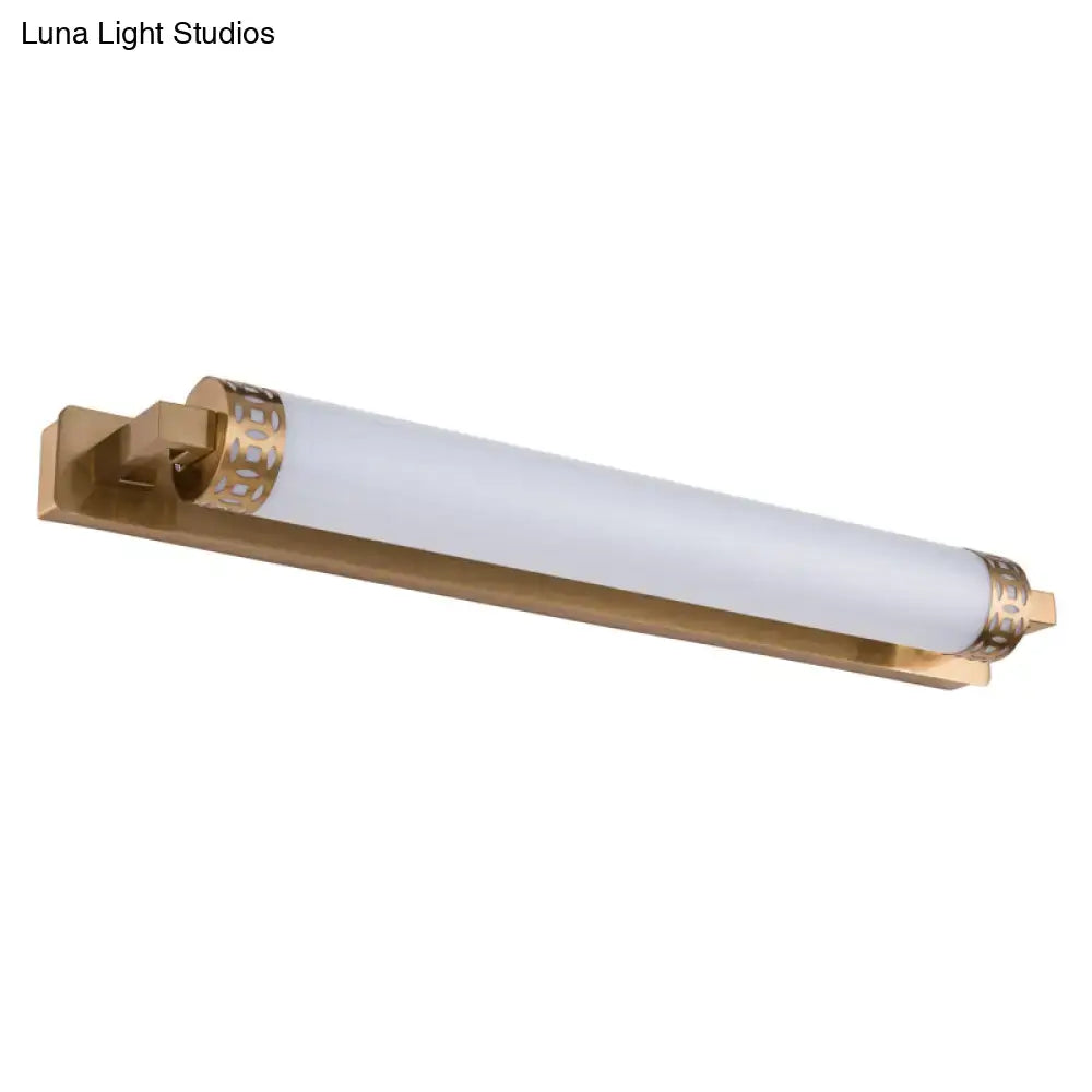 Minimalist bronze greek key wall light sconce with gold finish frosted glass cylinder for bathroom vanity