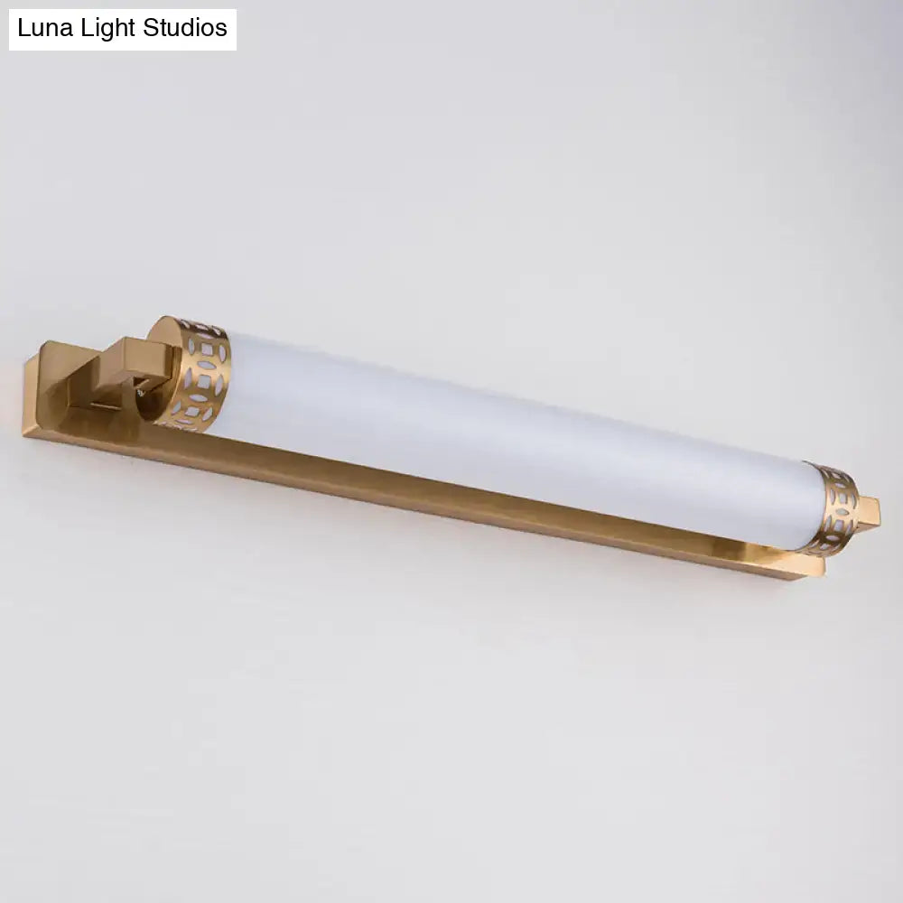 Minimalist bronze greek key wall light sconce with gold finish frosted glass cylinder and ornate decorative bands for bathroom vanity