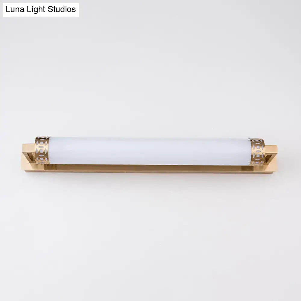 Minimalist bronze greek key wall light sconce with gold finish and frosted glass cylinder for bathroom vanity