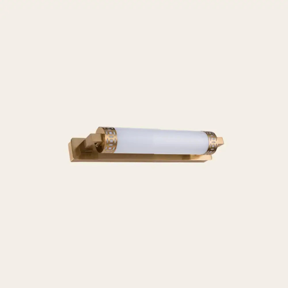 Minimalist bronze greek key wall light sconce with gold finish frosted glass cylinder and decorative metal bands for bathroom vanity