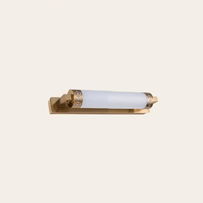 Minimalist bronze greek key wall light sconce with gold finish frosted glass cylinder and decorative metal bands for bathroom vanity
