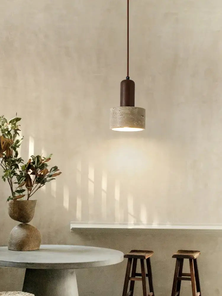 Minimalist brown and cream wind led pendant lamp with matte dark brown top and textured concrete shade for dining room decorbites cream wind