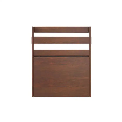 Brown wooden folding chair with slatted back and polished finish paired with decorbites compact corner desk