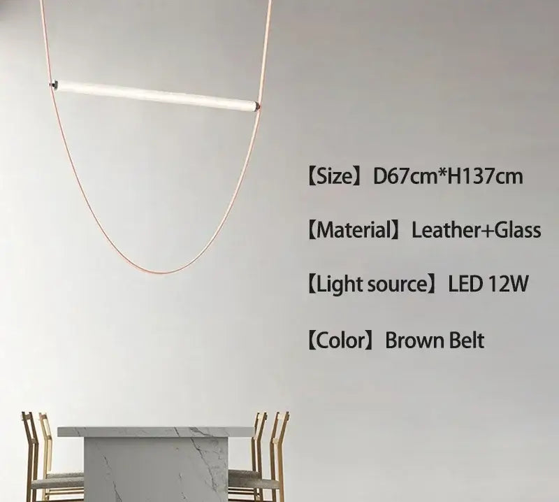 Minimalist brown leather pendant light with a sleek curved copper wire frame for bedroom decorbites belt decor