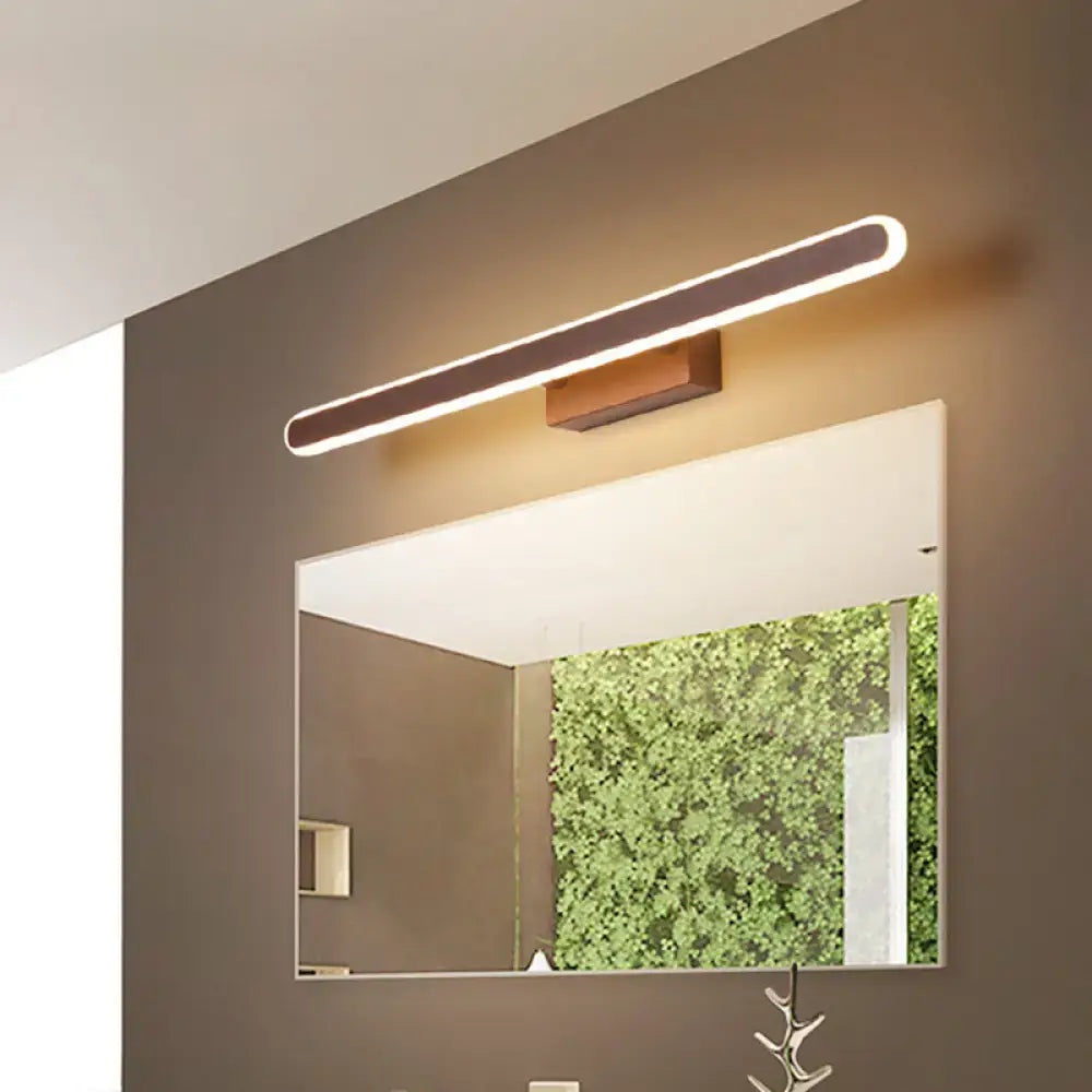 Modern rectangular led vanity wall light with dark wood finish and warm white illumination for bathroom use