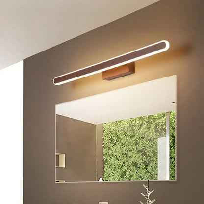 Modern rectangular led vanity wall light with dark wood finish and warm white illumination for bathroom use