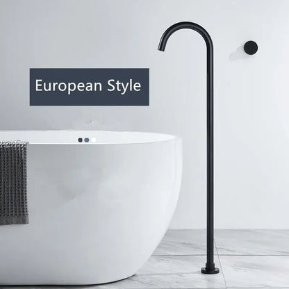 Minimalist black matte freestanding bathtub shower faucet with curved spout and brushed gold accents for bathroom use