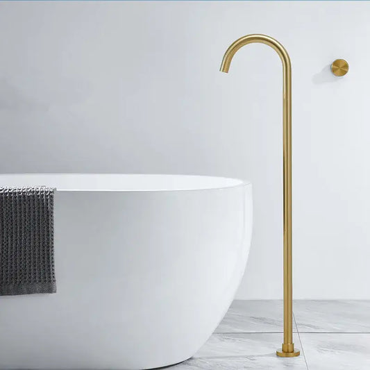Minimalist brushed gold freestanding bathtub shower faucet with sleek curved spout and black accents for modern bathrooms