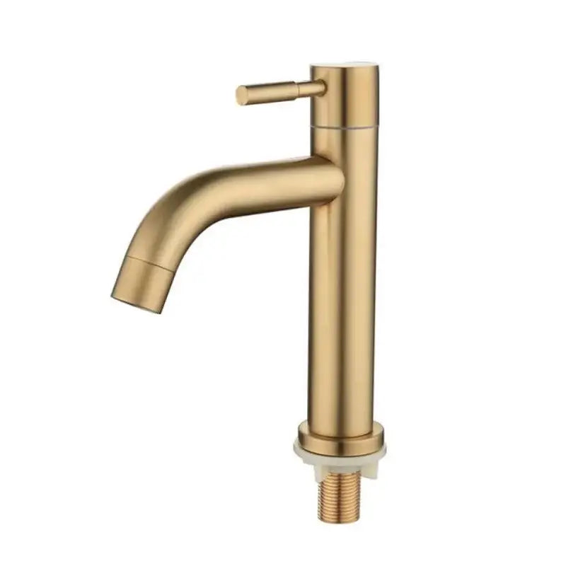 Minimalist brushed gold stainless steel single hole bathroom faucet with gold-toned brushed metal finish and single-handle design