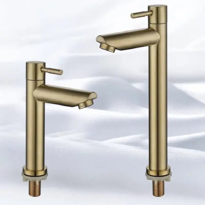 Two modern minimalist brushed gold stainless steel single hole bathroom faucets with cylindrical spouts and sleek design