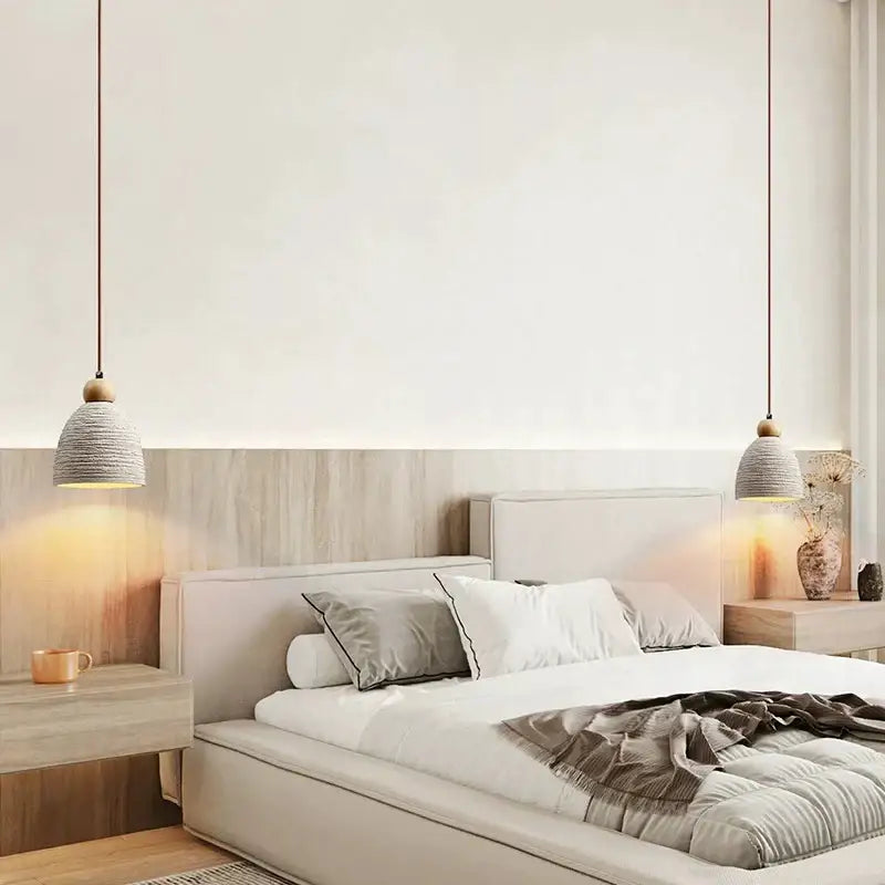 Minimalist ceramic petal pendant chandelier with woven gray shades and wooden tops for concrete ceiling hanging decorbites