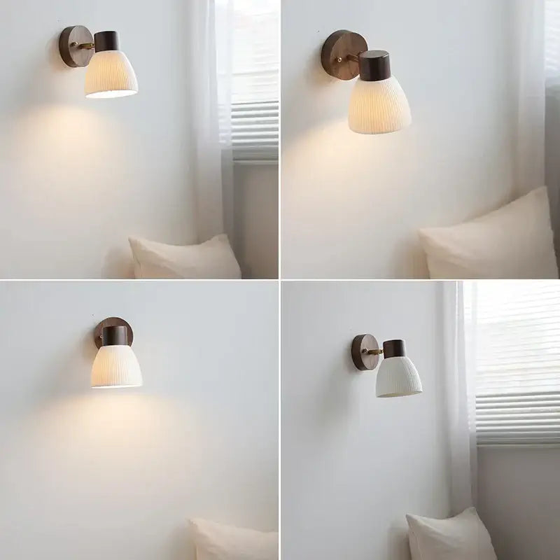 Minimalist ceramic walnut wood wall light with dark bronze metal base and white ribbed glass shade for bedroom reading lamp
