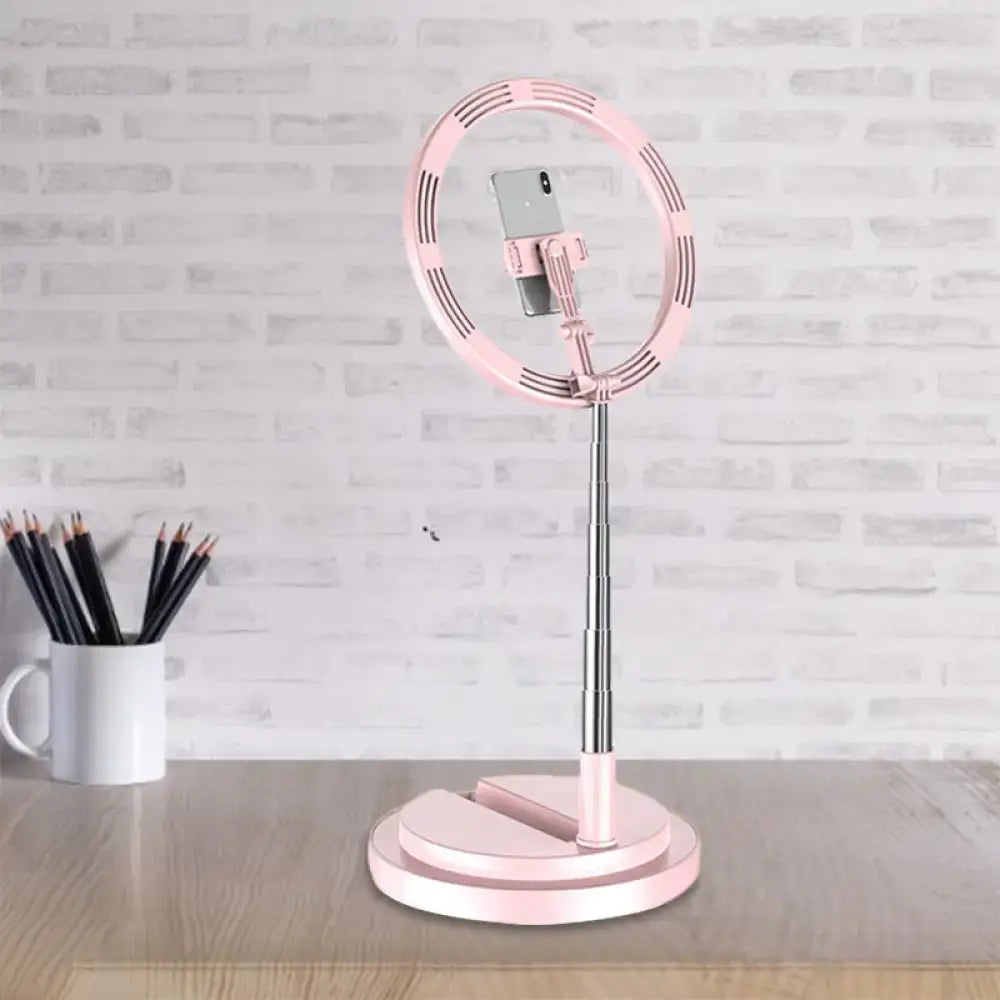 Pink minimalist circular metal mobile phone vanity light with adjustable stand 110v-120v for bedroom use
