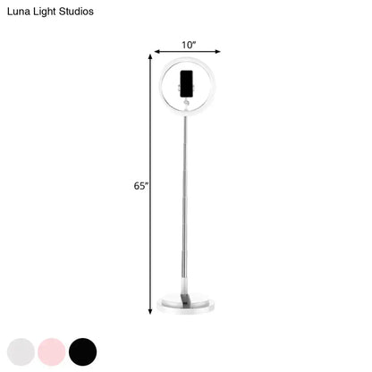 Silver-finished minimalist circular metal ring light 10-inch diameter with adjustable stand for mobile phone 110v-120v use