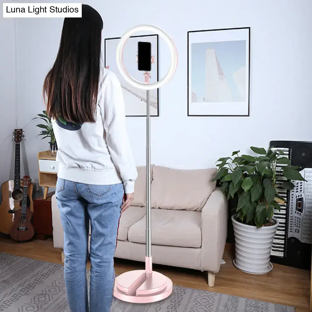 Minimalist pink ring light with slender metal stand and circular led for mobile phone vanity light 110v-120v wall light