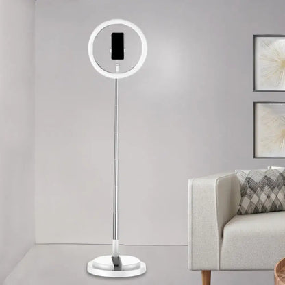 Minimalist white circular metal mobile phone vanity light with slender stand for bedroom 110v-120v and 220v-240v use