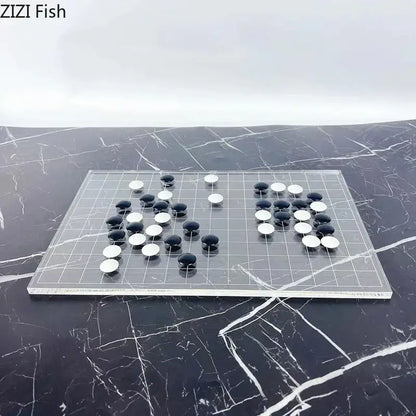 Minimalist clear acrylic geometric chess set with black and white stones for decorbites geometric chess decor