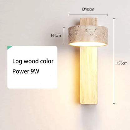 A minimalist wall lamp with log wood finish and cylindrical concrete shade led light for bedroom decorbites cream style