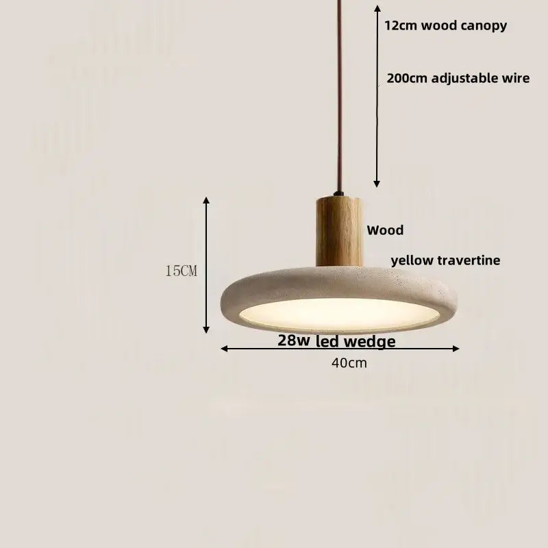 Minimalist led wood pendant light with 12cm wood canopy and 40cm yellow travertine disc for dining room decorbites led wood