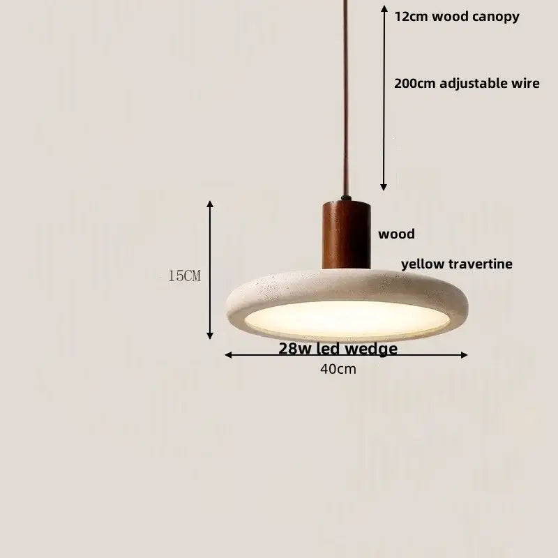 Minimalist concrete and wood led wood pendant light with yellow travertine disc and 28w decorbites led wood bulb