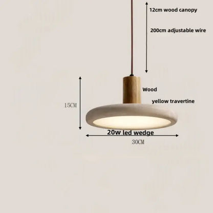 Minimalist pendant light with a warm glow featuring a yellow travertine shade and wood canopy decorbites led wood pendant