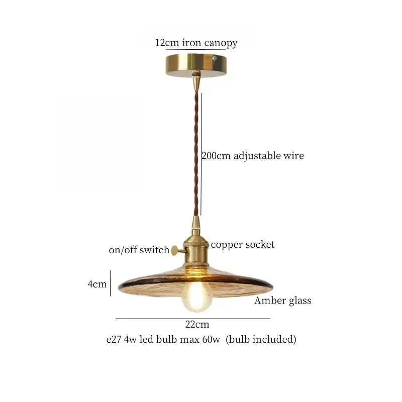 Minimalist copper glass led hanging pendant light with brass iron canopy and amber shade for kitchen use