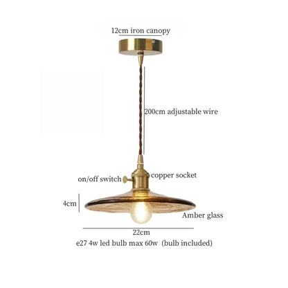 Minimalist copper glass led hanging pendant light with brass iron canopy and amber shade for kitchen use
