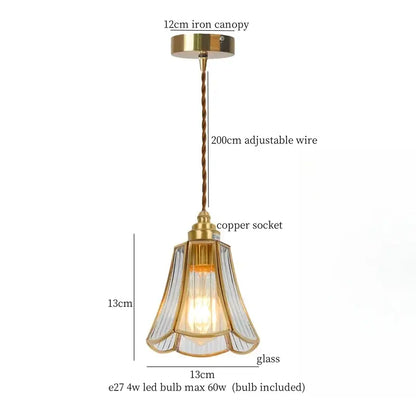 Minimalist copper glass led hanging pendant light with brass iron canopy and twisted wire suspension for kitchen use