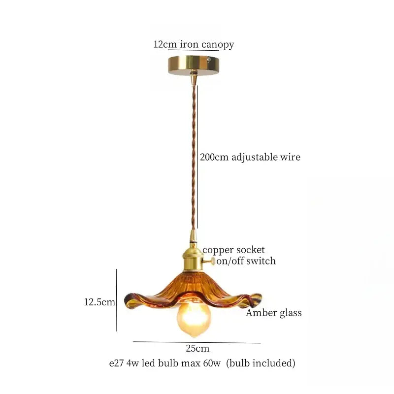 Minimalist copper glass led hanging pendant light with amber glass shade and adjustable copper wire suspension for kitchen