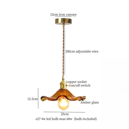 Minimalist copper glass led hanging pendant light with amber glass shade and adjustable copper wire suspension for kitchen