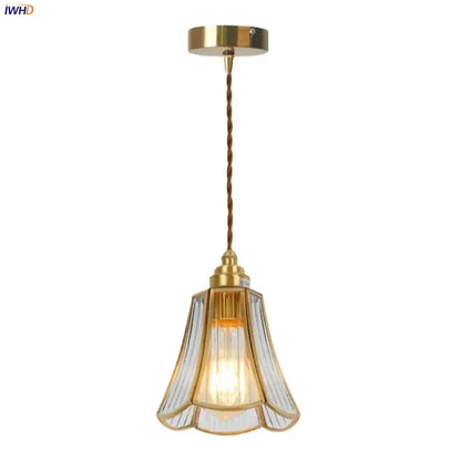 Minimalist copper glass led hanging pendant light with brass finish fluted clear glass shade and twisted cord