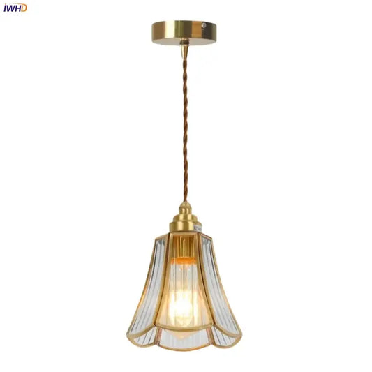 Minimalist copper glass led hanging pendant light with brass finish fluted clear glass shade and twisted cord