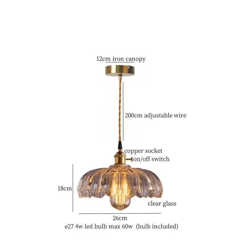 Minimalist copper glass led hanging pendant light with clear fluted design and brass metal accents for kitchen use