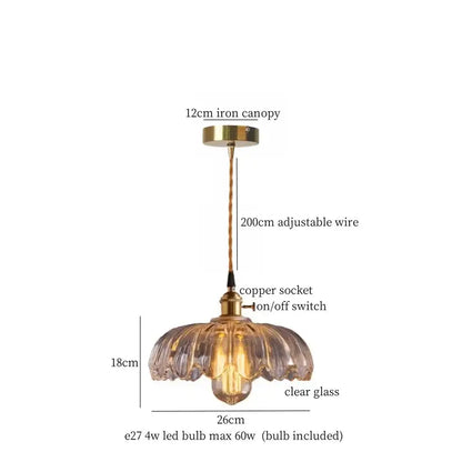 Minimalist copper glass led hanging pendant light with clear fluted design and brass metal accents for kitchen use