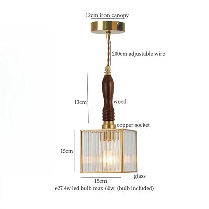 Minimalist square glass led hanging pendant light with brass frame, wooden handle, and copper socket for kitchen use