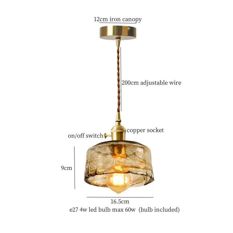 Minimalist warm-toned copper glass led hanging pendant light with brass-finished iron canopy and copper socket