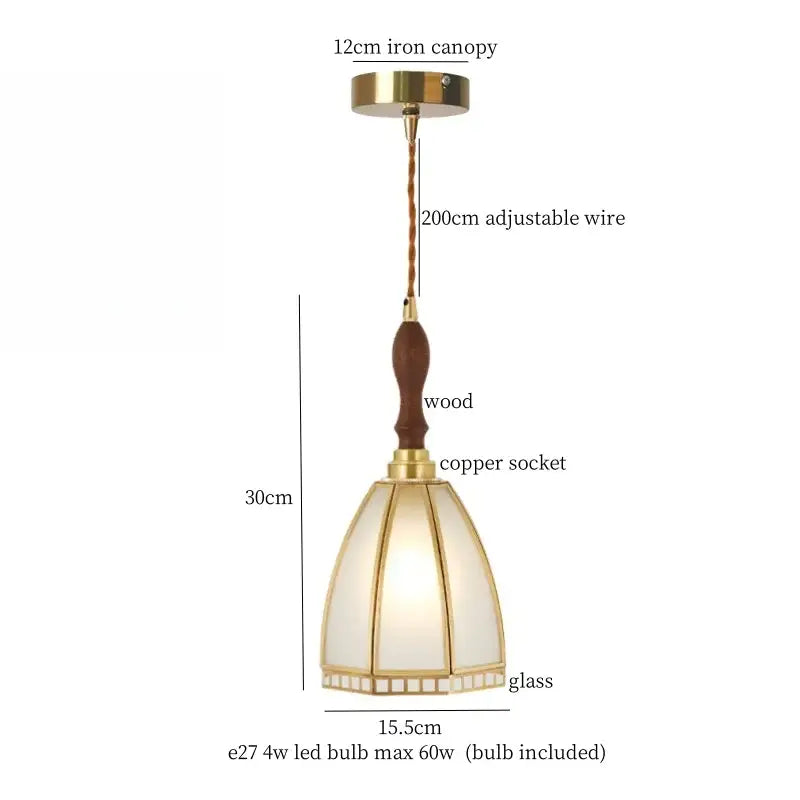 Minimalist warm-toned copper glass led hanging pendant light with brass canopy and wooden handle for kitchen use