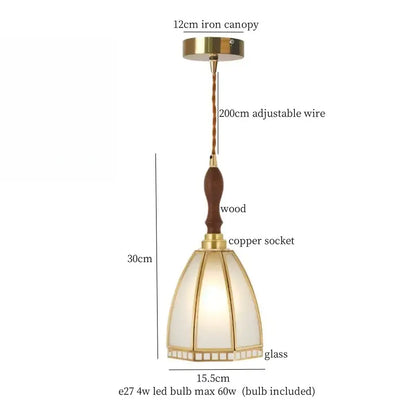 Minimalist warm-toned copper glass led hanging pendant light with brass canopy and wooden handle for kitchen use