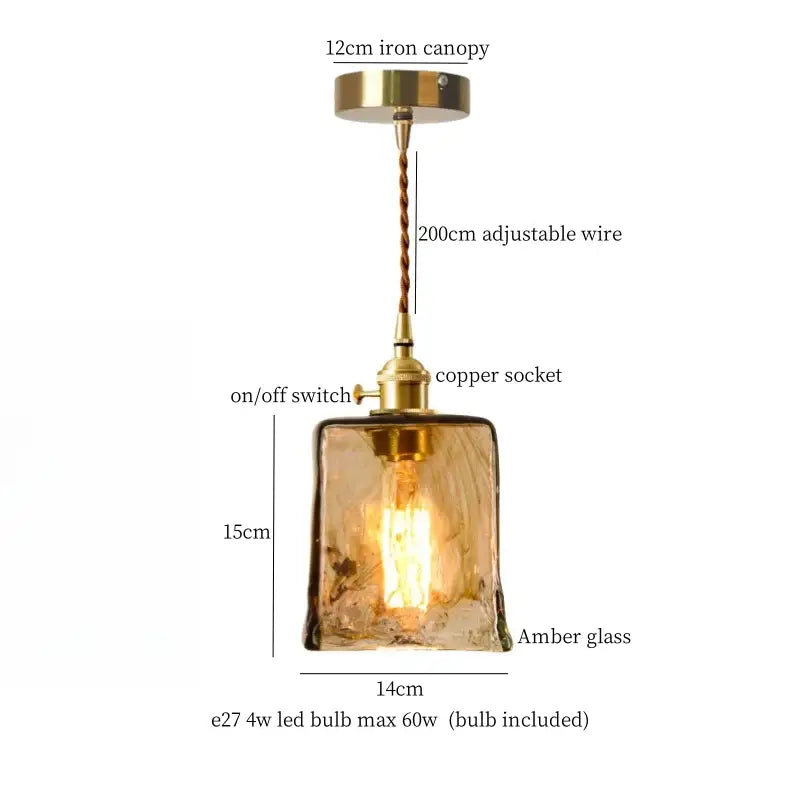 Minimalist warm amber glass led hanging pendant light with brass iron canopy and copper socket for kitchen use