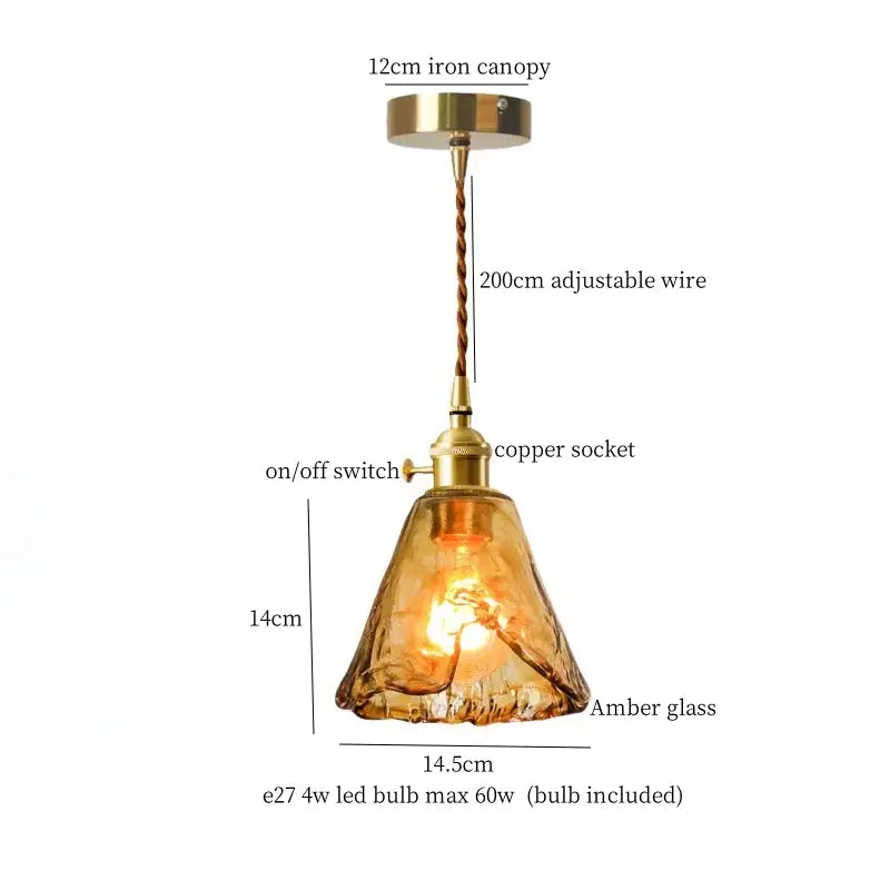 Minimalist amber glass led hanging pendant light with brass canopy copper socket and adjustable 200cm wire for kitchen use