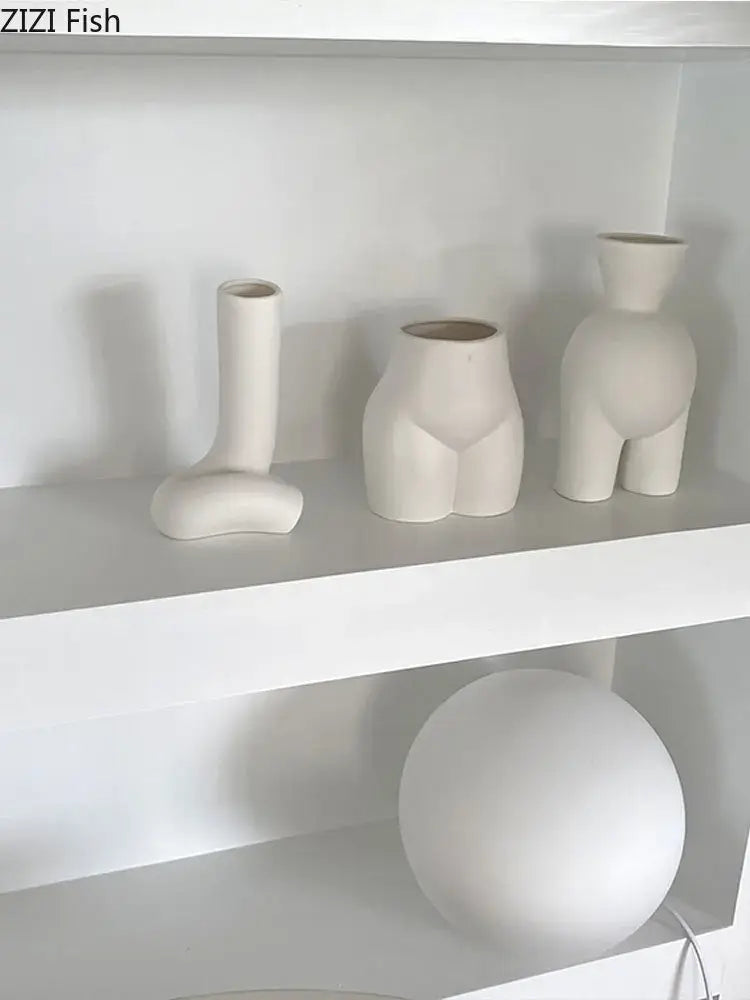 Three minimalist white ceramic abstract human body vases with sculptural shapes for bedroom decorbites decor