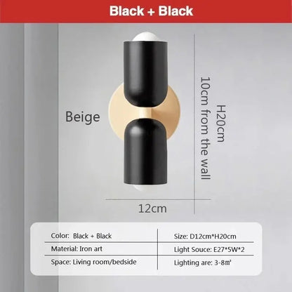 Black iron wall lamps with beige circular backplate and two cylindrical fixtures for decorbites cream double head use