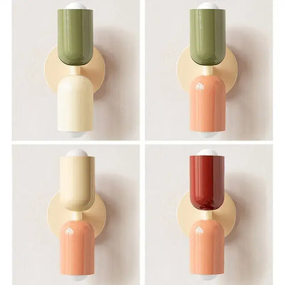 Minimalist cream double head wall lamps with matte olive cream upper and orange lower cylinder for bedroom decorbites cream double