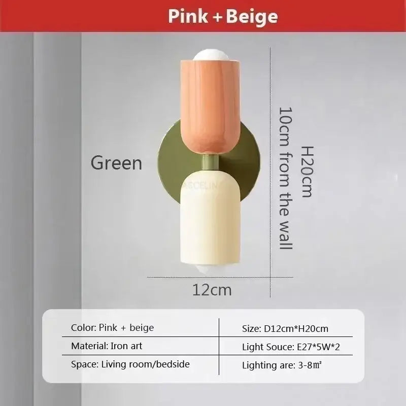 Minimalist cream double head wall lamps with pink and beige iron art and green circular backplate for bedroom decorbites cream double