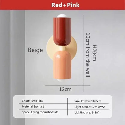 Red and pink iron art wall lamps with cream double head and beige circular base for minimalist bedroom decorbites cream double