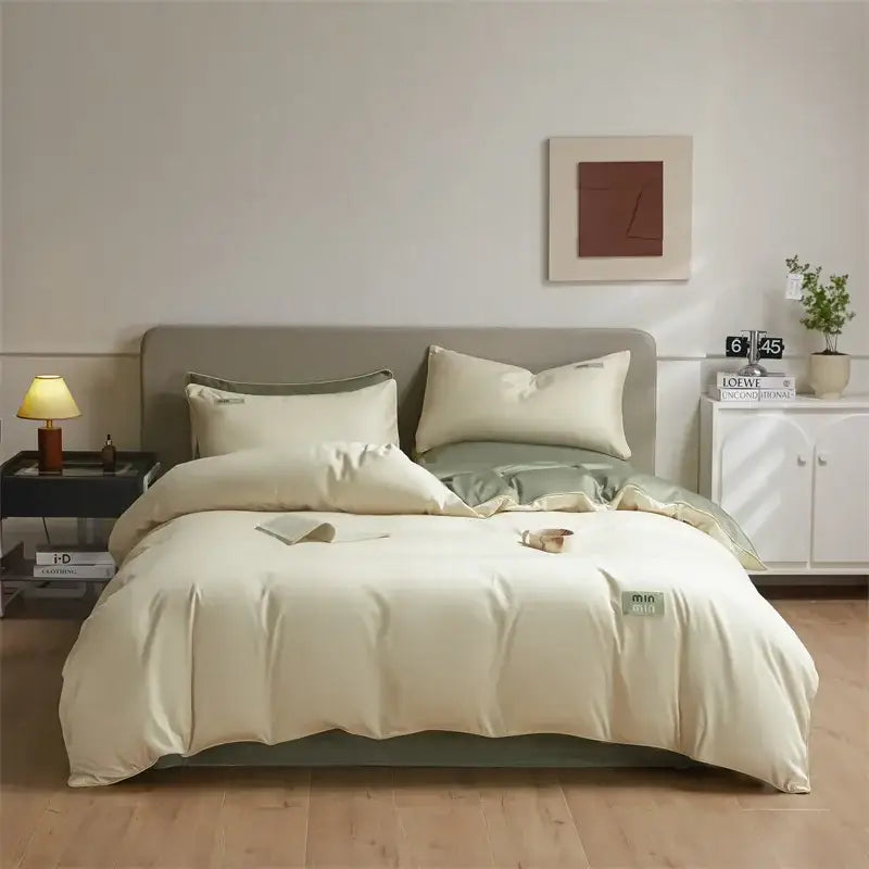 Minimalist cream and green egyptian cotton solid bedding set with cream-colored satin duvet cover and subtle green accents