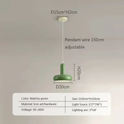 Minimalist cream white ceramic pendant light with matcha green iron art design and adjustable 150cm wire decorbites disc shaped